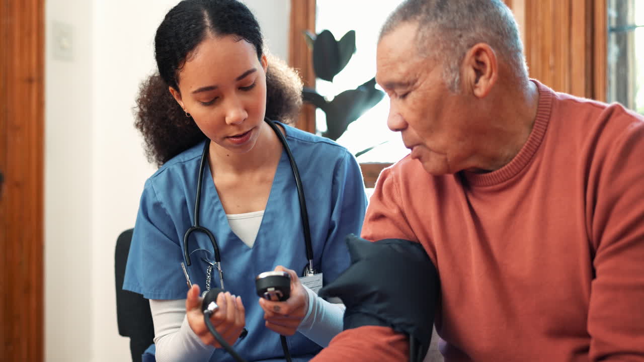 Woman, nurse and blood pressure machine in elderly