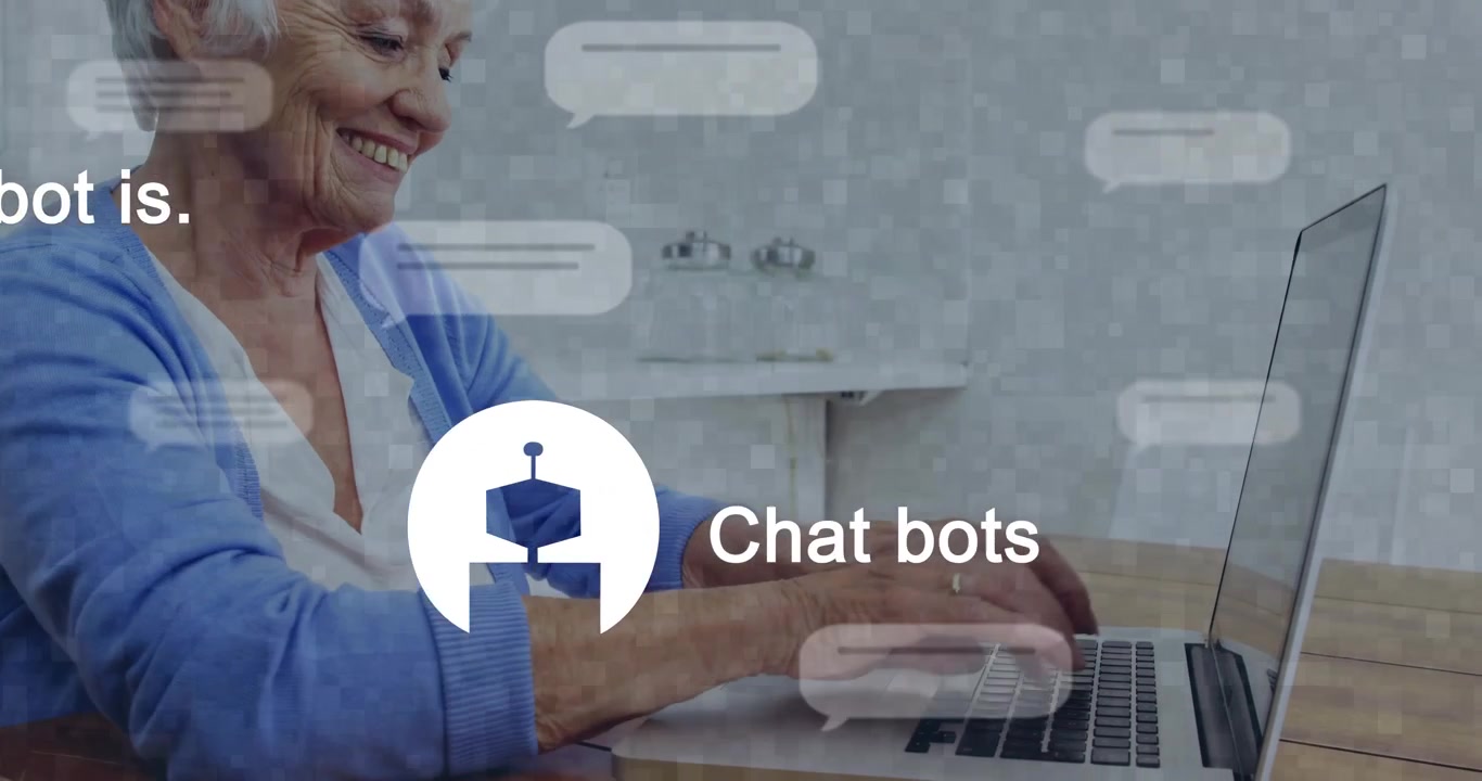 Senior woman starting typing, avatar and bubbles appearing, robot icon explaining chatbot purpose