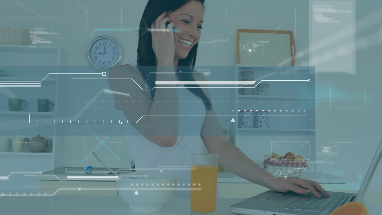 animación de procesamiento de datos sobre una estudiante que habla en el teléfono inteligente desde casa