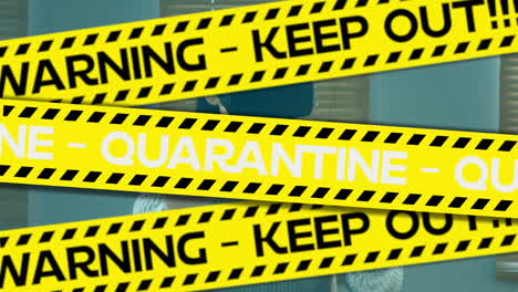 animation of quarantine warning text over woman wearing vr headset using virtual interface