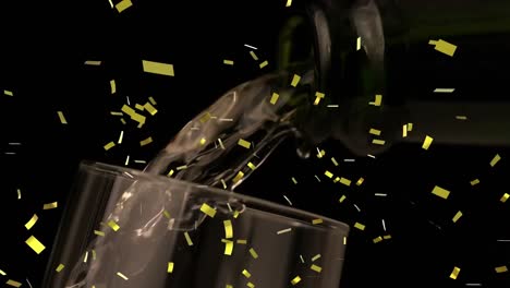 Animation-of-gold-confetti-falling-and-champagne-pouring-into-glass-on-black-background