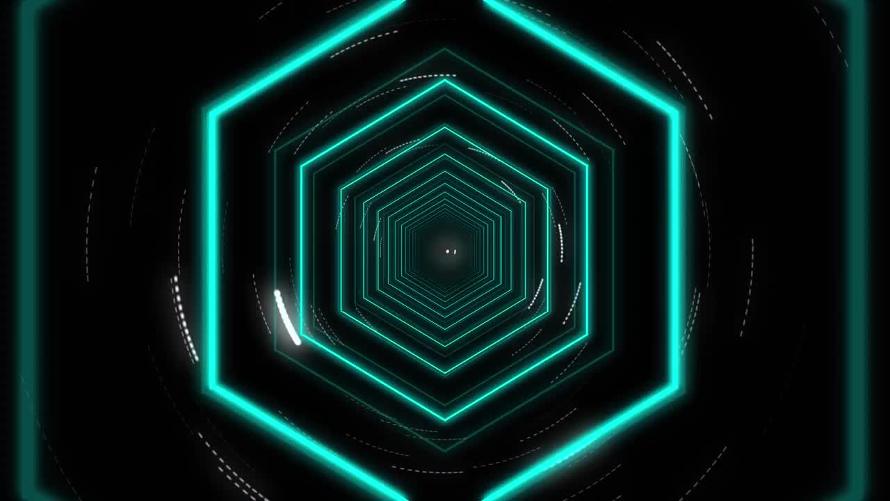 Animation of moving concentric blue neon hexagons distorting on cosmos background