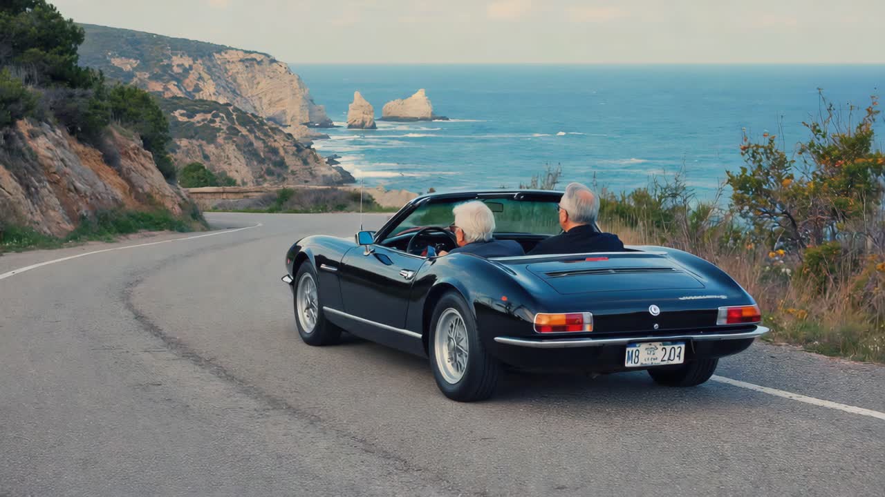 Elderly Couple Enjoying a Road Trip in a Classic Convertible