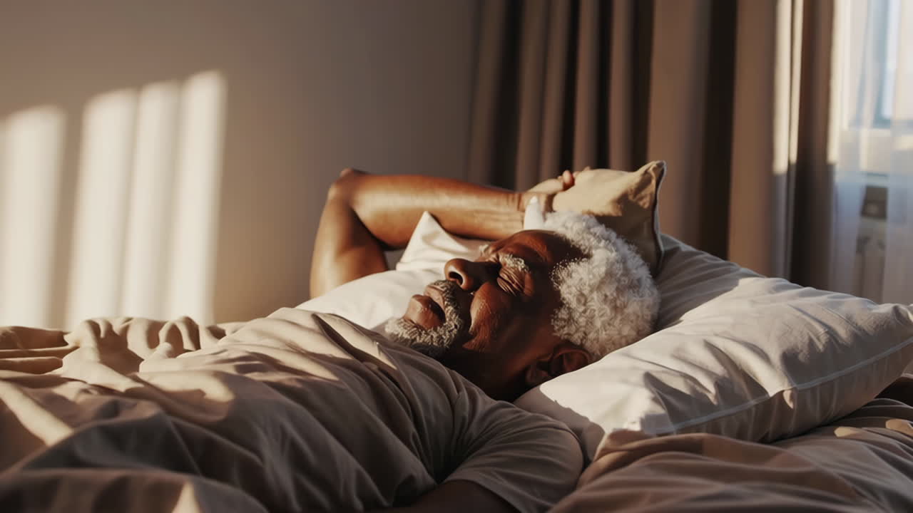 Ældre afroamerikansk mand sover i sengen