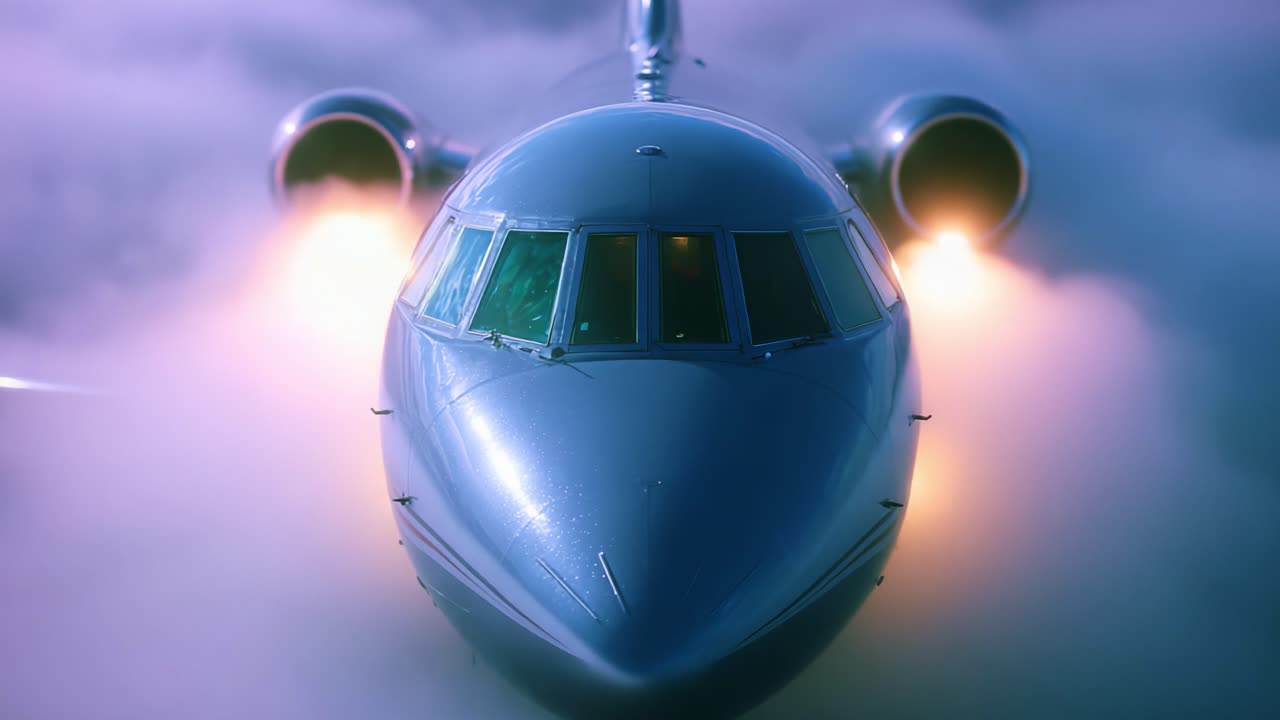 A stunning visual portrayal of a sleek private jet soaring through a mystical fog, highlighting the powerful engines and aerodynamic design that symbolize luxury and speed in modern aviation