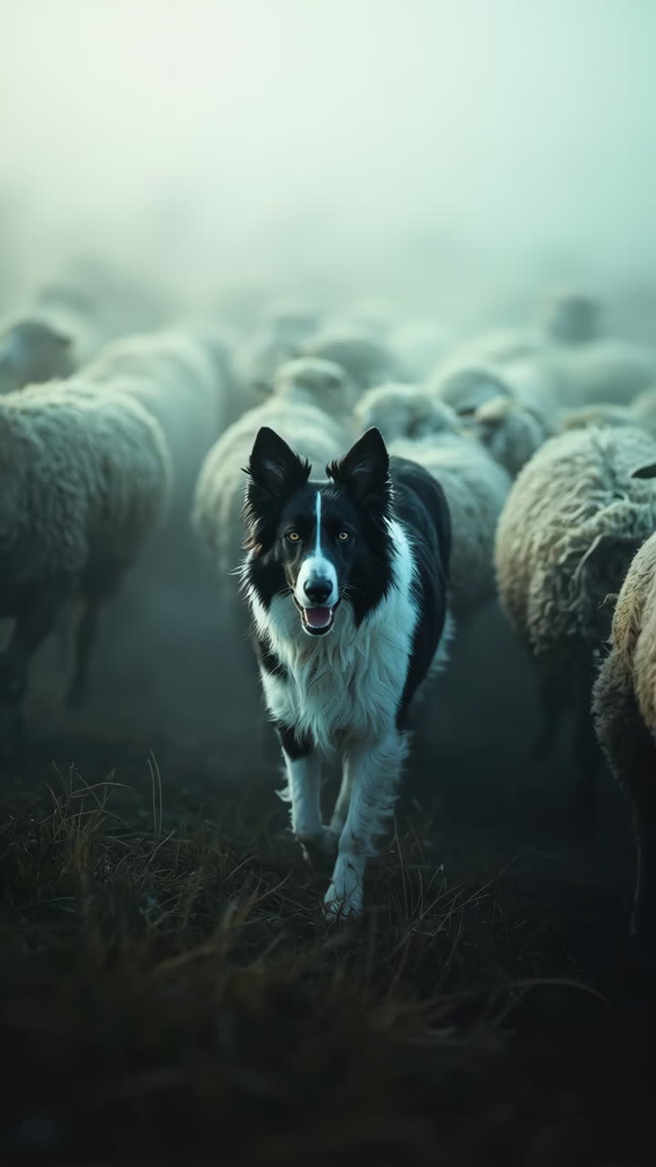 Border Collie Pastoreando Ovejas en un Campo Neblinoso