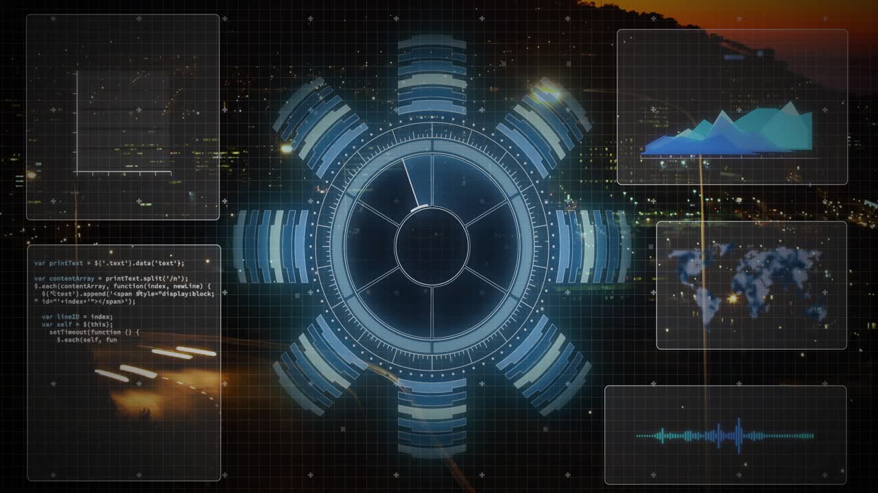 On data pulse HUD rotating sector sweeping, fill shifting, panels updating charts for monitoring