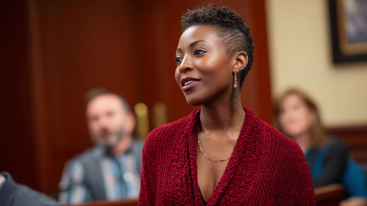 A confident individual stands out in a courtroom setting, highlighting the importance of justice and self-expression, as emotions subtly play across faces during a pivotal moment in legal proceedings