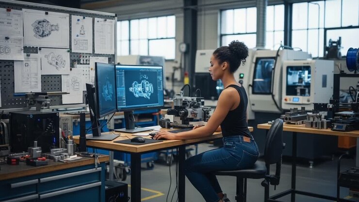 Innovative Engineering Workspace: A Focused Engineer Analyzing 3D CAD Models and Mechanical Designs in a Modern Manufacturing Environment