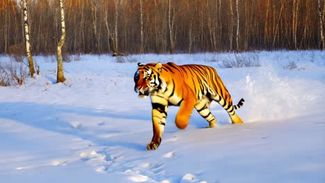 siberian tiger running and walking in a snowy forest