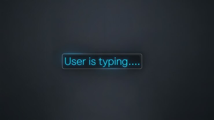 Typing-triggered rounded bubble with cyan text expanding and glowing on dark UI signaling message