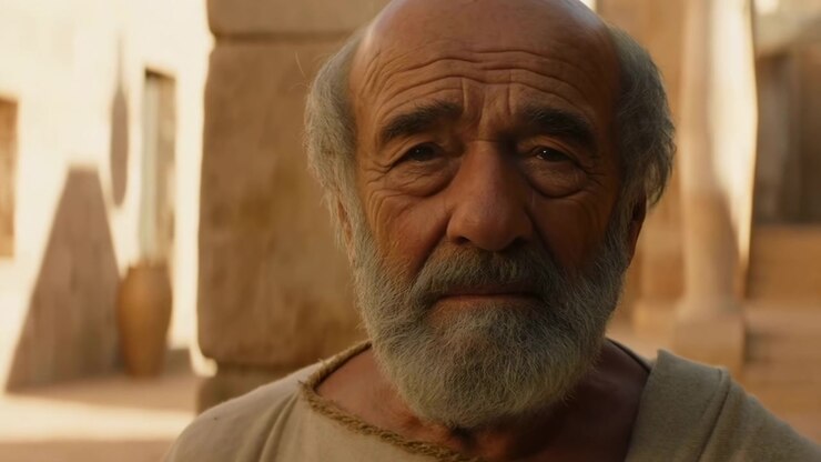Ritratto ravvicinato che si stringe sul volto segnato dal tempo e sulla barba grigia mentre l'uomo mantiene uno sguardo diretto, con abbigliamento beige, architettura in pietra illuminata dal sole, ombre morbide e un vaso di terracotta dietro di lui