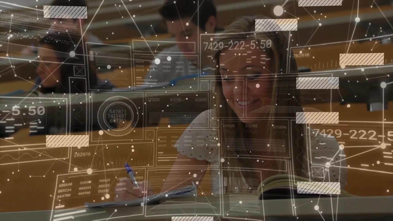 Female student touching pen to notes and reading textbook initiating data overlays in lecture hall