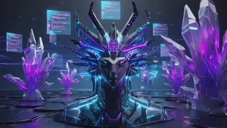 futuristic ai entity amidst glowing crystals
