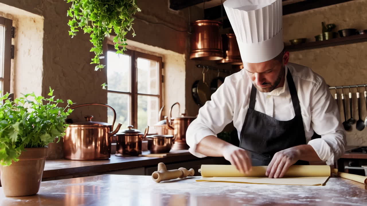 Chef Making Pasta in a Vintage Kitchen