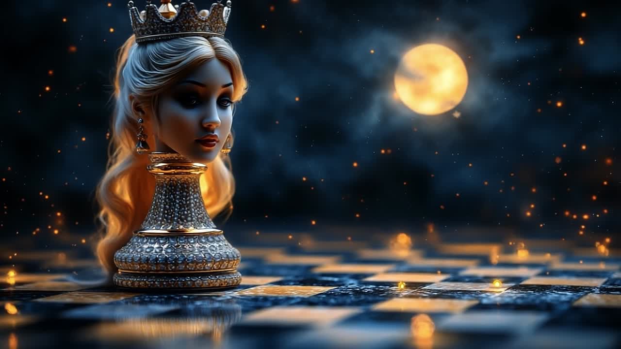 Chess queen illuminated under moonlight. A moonlit digital art piece featuring a queen chess piece against an artistic backdrop.