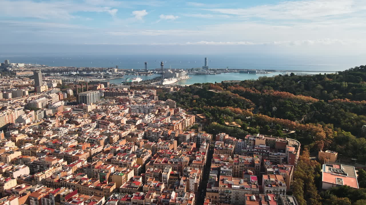 Aerial drone view of Barcelona city at daylight. Montjuic district. Spain
