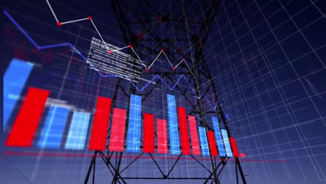 Animation-of-arrows-falling-down,-changing-financial-data-and-graphs