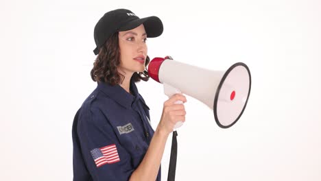 female officer making an announcement with megaphone