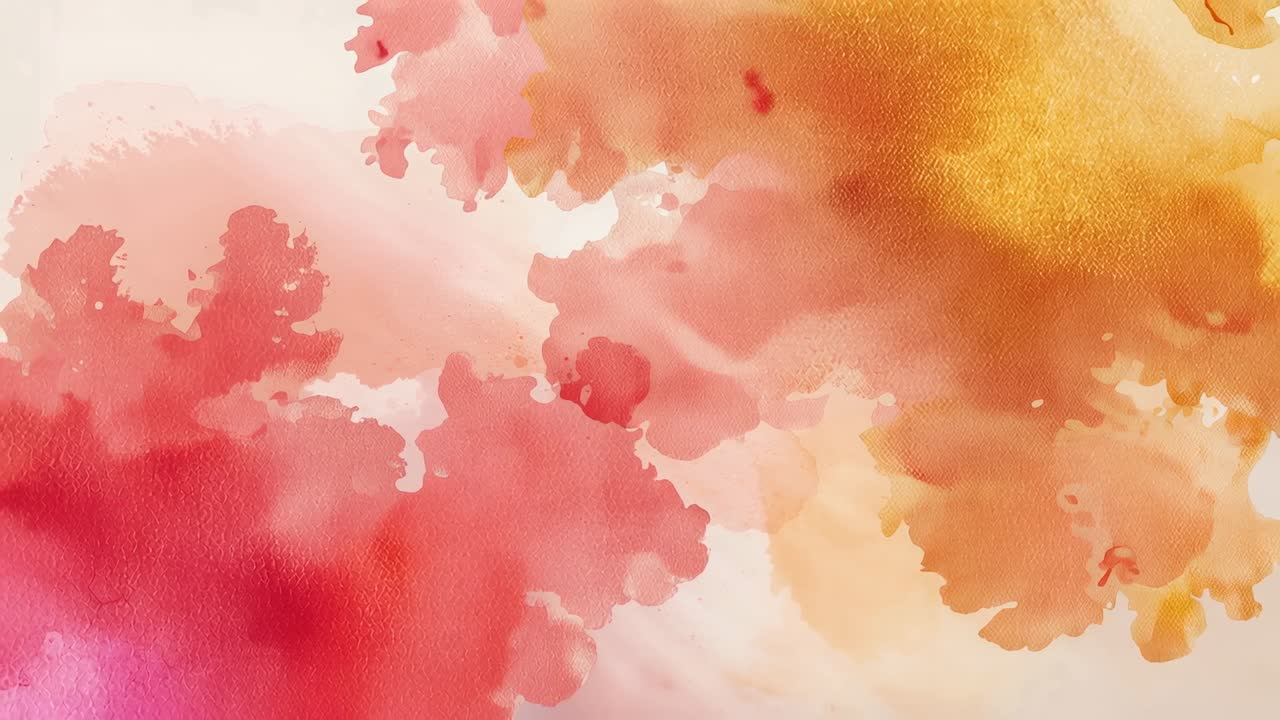 Spreading red-pink and orange-gold washes merging on grainy paper from brush with metallic sheen