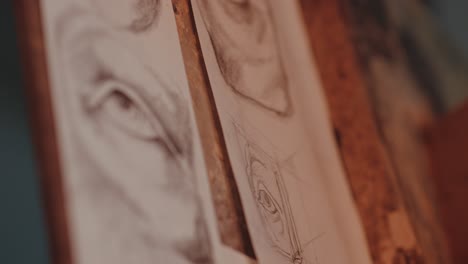bocetos de ojos exhibidos en un taller de artesanos: múltiples dibujos de ojos en exhibición
