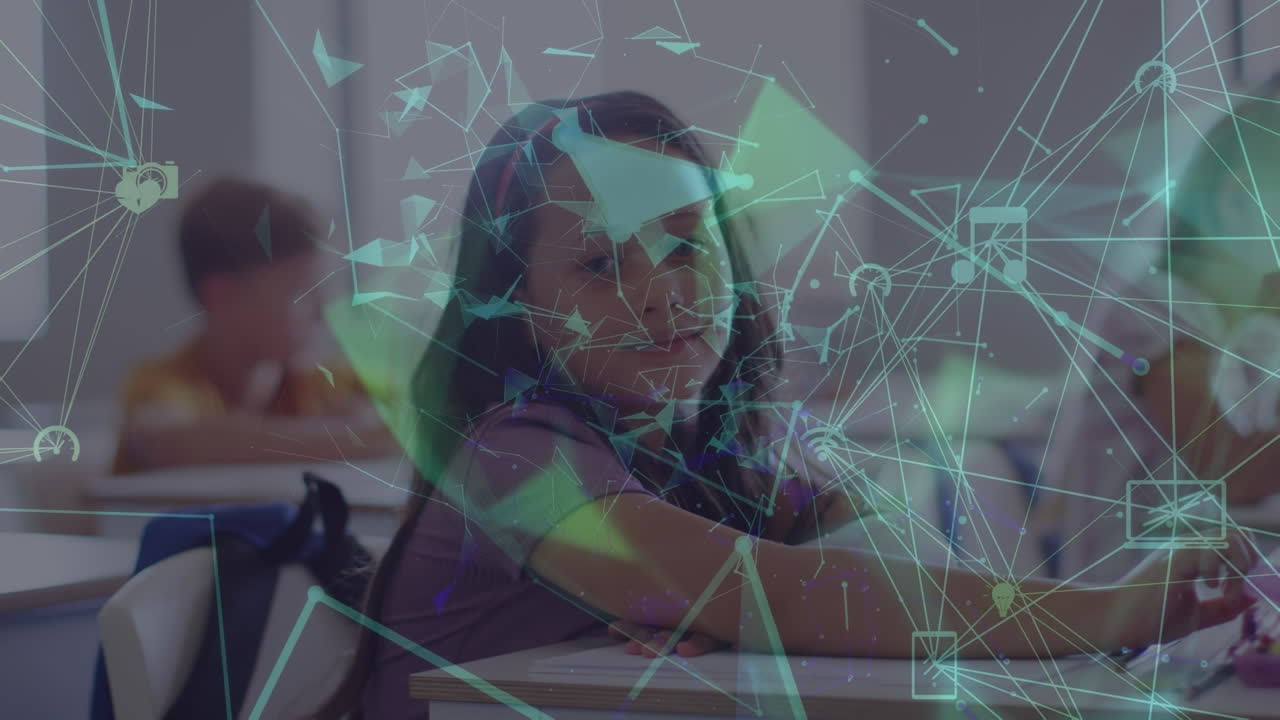 animación de conexiones sobre chica caucásica en la escuela