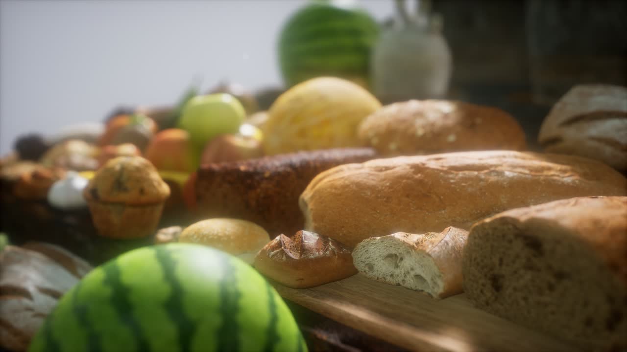 mesa de comida con barriles de vino y algunas frutas, verduras y pan
