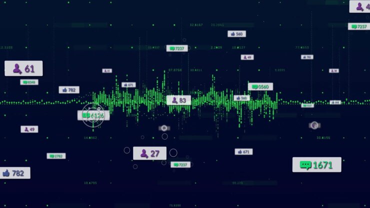Green waveform visualization constantly animating across dark interface with floating counter icons