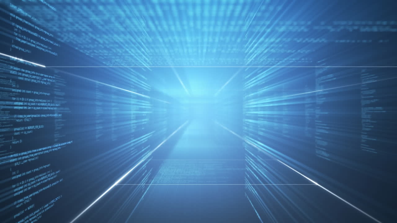 Digital animation of multiple screens with data processing against blue background