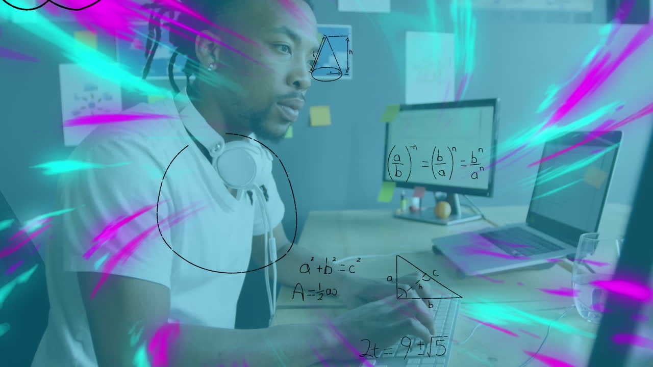 Animation mathematical formulas over businessman using computer