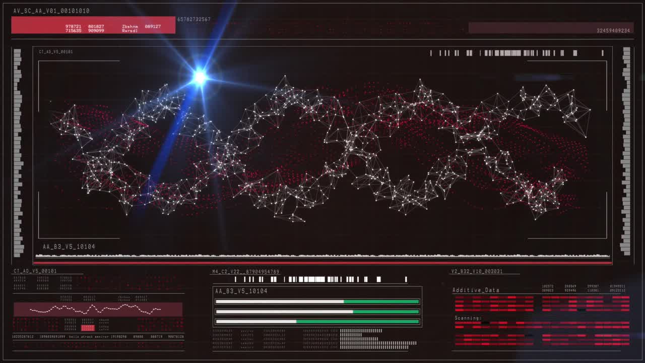 움직이는 불빛의 애니메이션과 디지털 화면에서 과학적 데이터 처리
