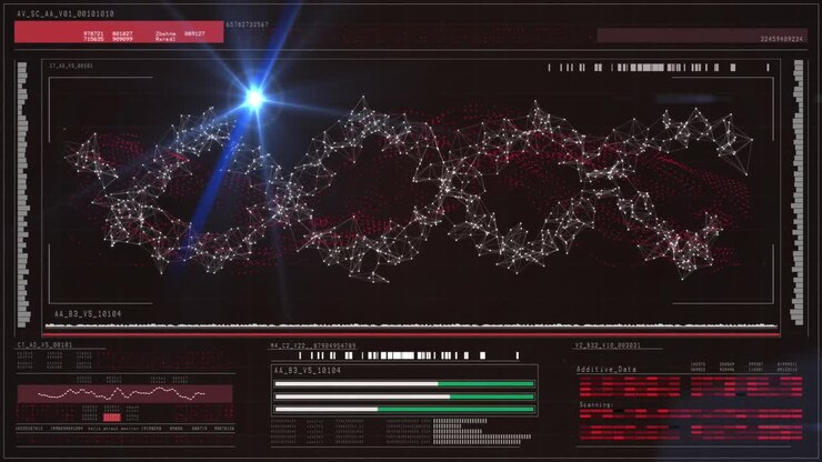 Animation of lights moving and scientific data processing over digital screen