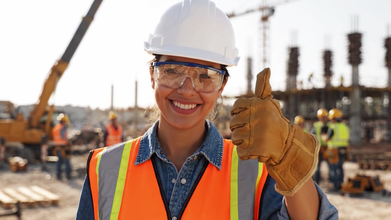 A confident construction worker proudly showcases her skills and dedication on-site, embodying empowerment and teamwork in this vibrant construction environment.