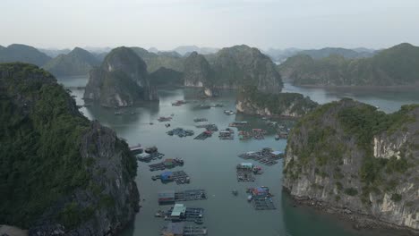 aerial rises over floating fishing village ponds and islands, vietnam