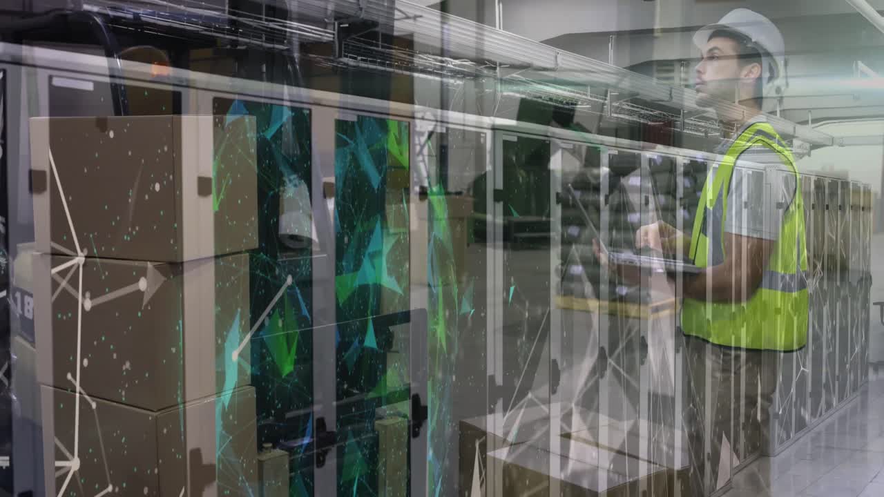 서버를 통해 백인 남성 창고 노동자의 애니메이션