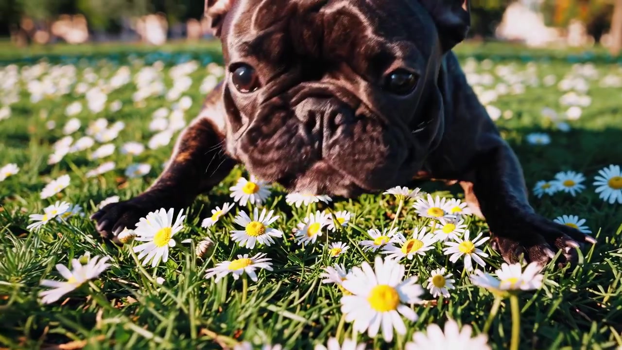 Cucciolo di bulldog francese che annusa e gioca in un campo di margherite