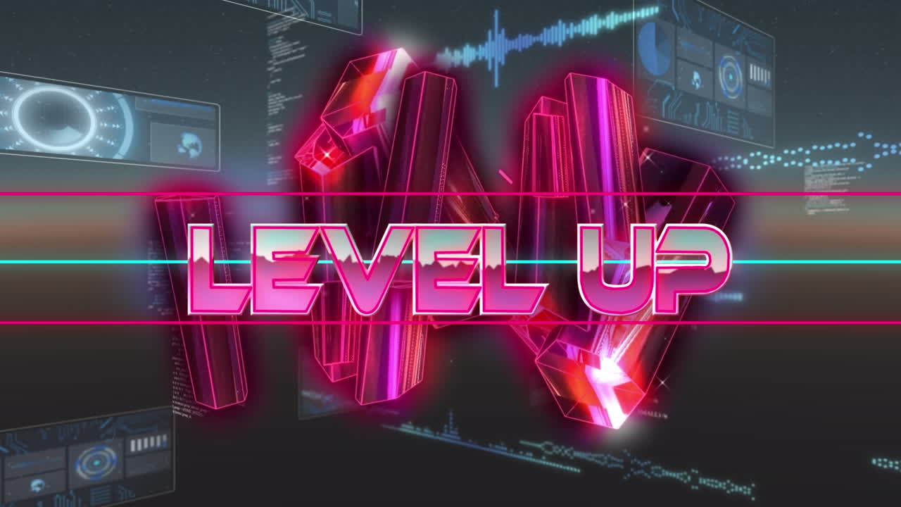 블록과 화면으로 디지털 추상 공간에서 레벨을 올리는 애니메이션