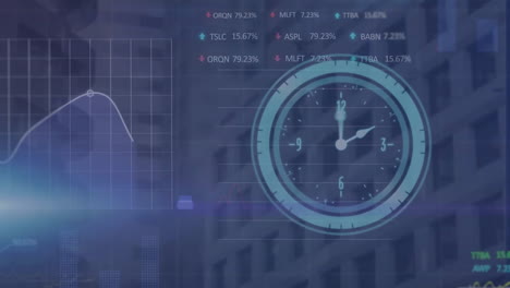 Animación-Del-Reloj-Y-Procesamiento-De-Datos-Financieros-Sobre-El-Paisaje-Urbano.