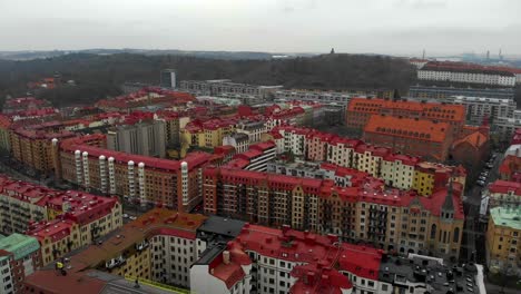 aerial flyover of linne district in gothenburg city, colourful destination in sweden