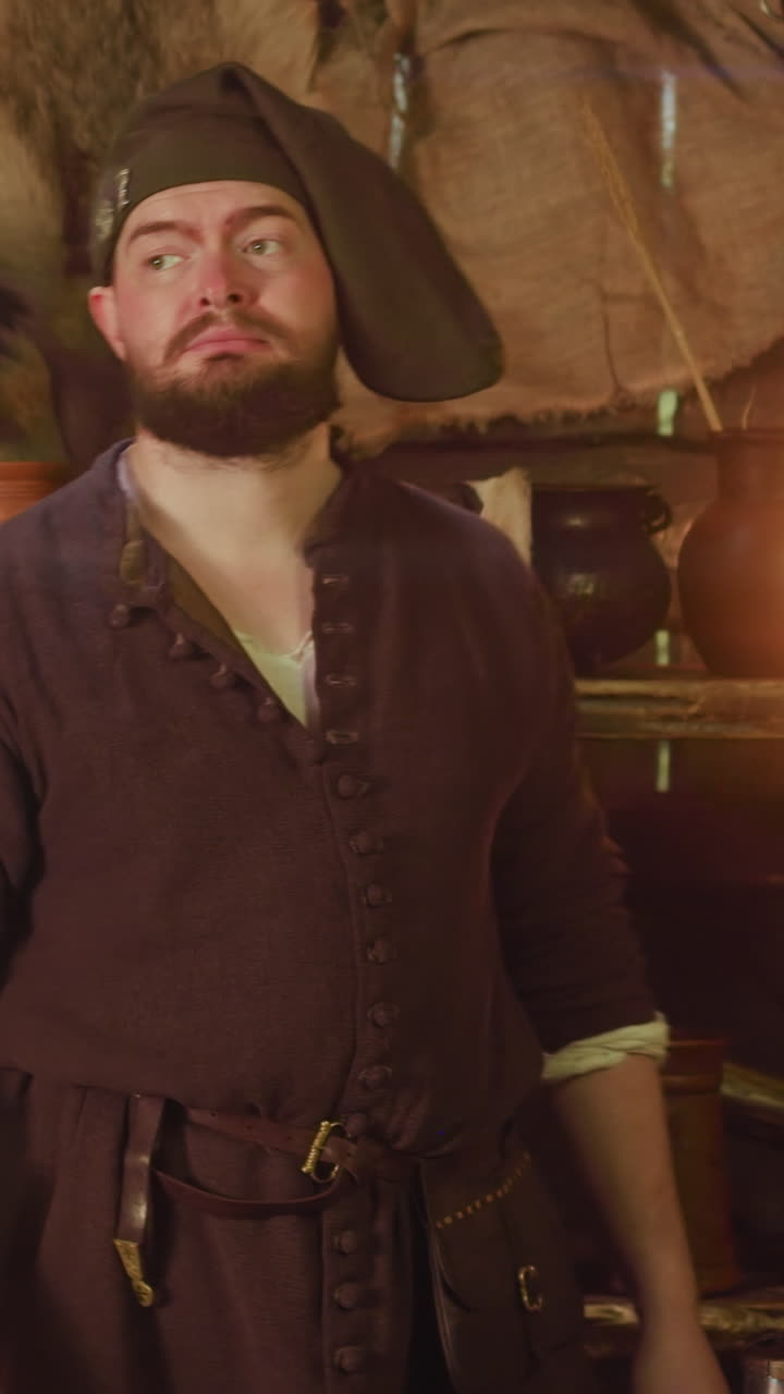 el camarero vierte vino mirando a un invitado no deseado en la taberna. el asistente enano descontento controla el comportamiento de los visitantes en la posada medieval. servicio de hospedaje