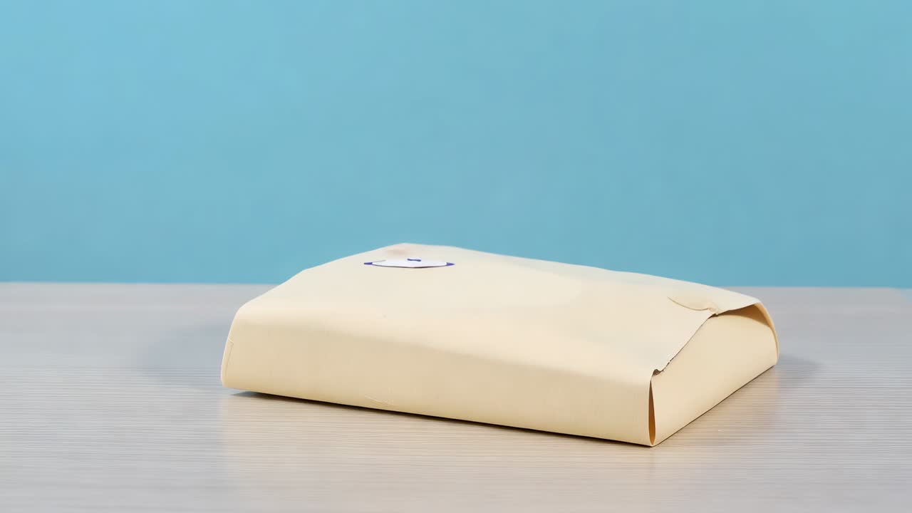 Punctured beige paper parcel bursting, releasing colorful confetti on wood tabletop, blue backdrop