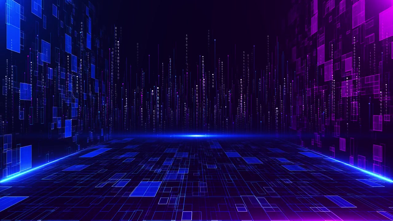 Futuristic digital corridor filled binary data streams glowing grid floor immersive cyber
