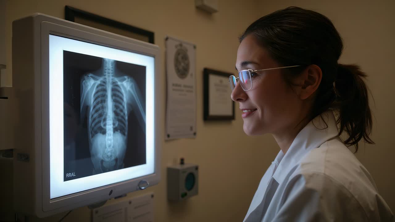 Reacting to lightbox, physician in white coat examining chest X-ray to assess in clinic, copy space