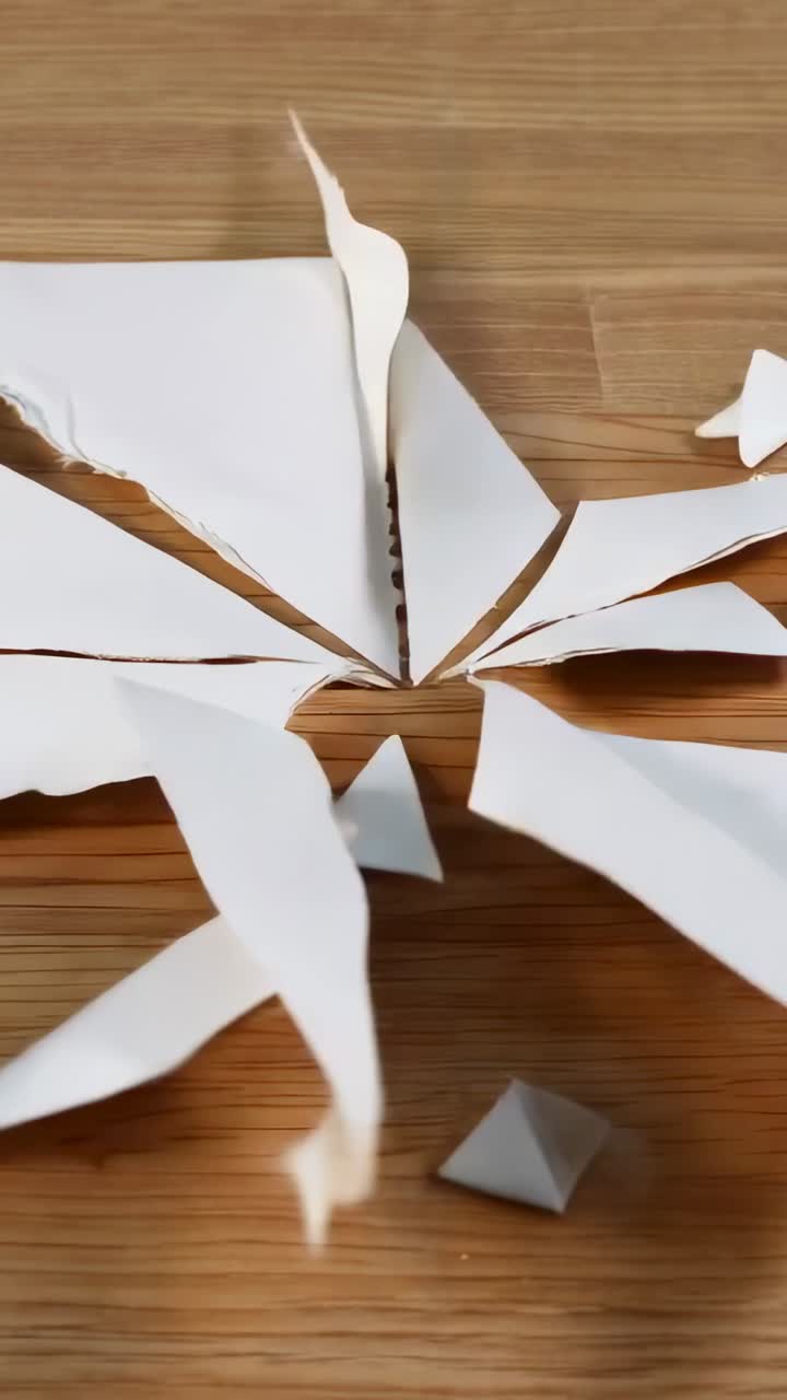 Vertical video: Tearing hand lifting white paper from center along folds on wood desk, forming star