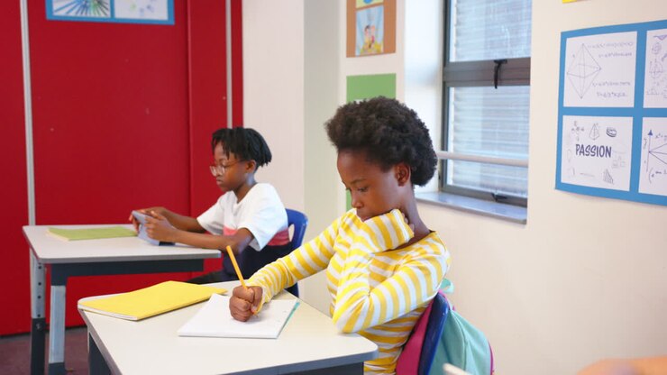 In school, children studying at desks, one writing in notebook, one using tablet