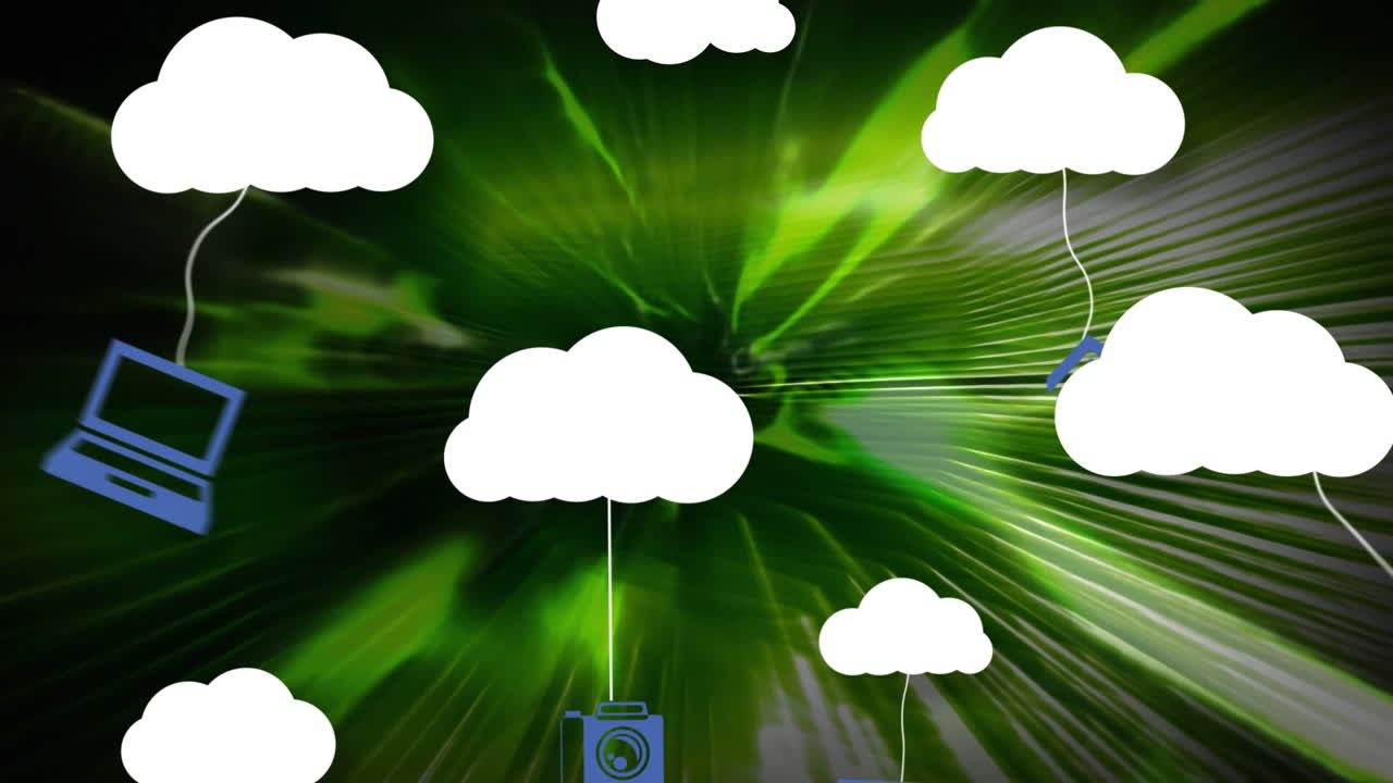 animación de iconos de medios con nubes en fondo verde en movimiento