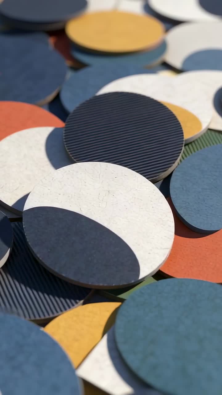 Vertical video: Sliding camera over discs on table, showing white halfmoon and ribbed navy disk
