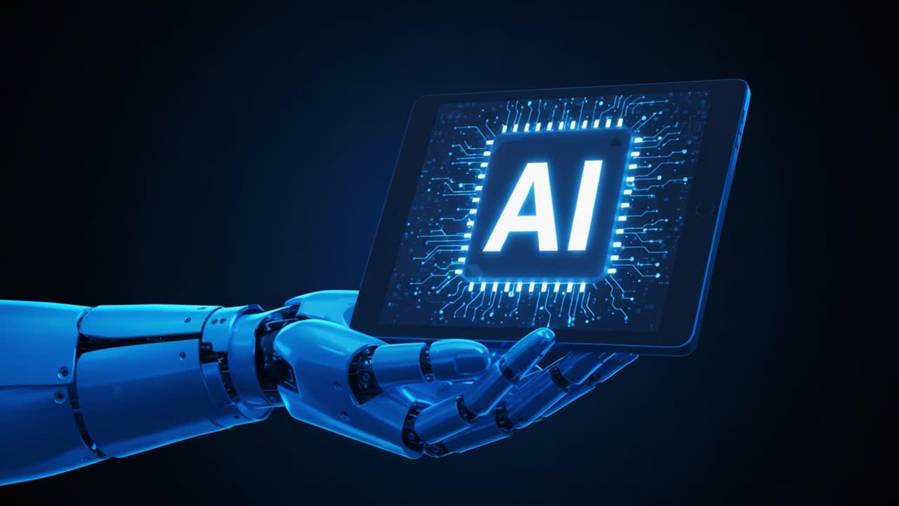Futuristic Robotic Hand Presenting AI Technology on a Digital Tablet with Circuitry Design, Showcasing the Intersection of Robotics and Artificial Intelligence Innovation