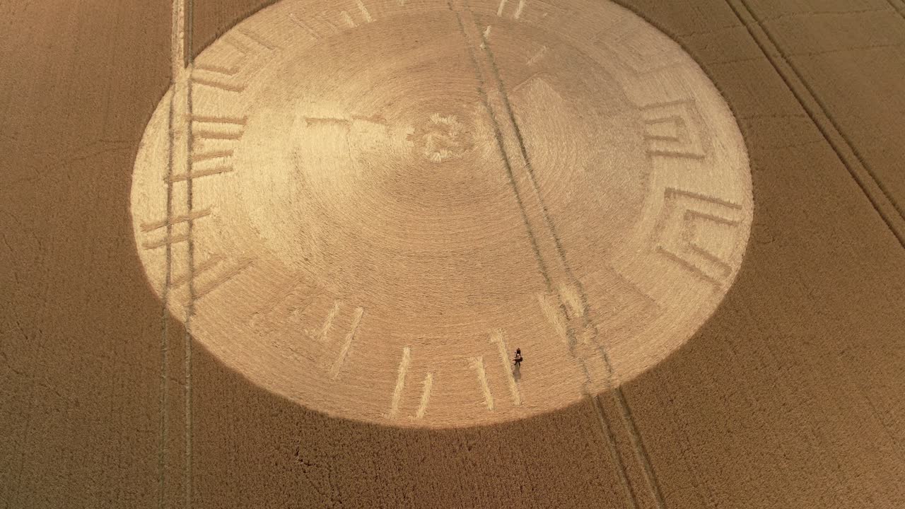 People exploring remains of ploughed golden farmland crop circle aerial view over Wiltshire land