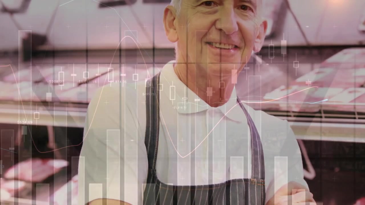Animation of data processing over caucasian male shop assistant